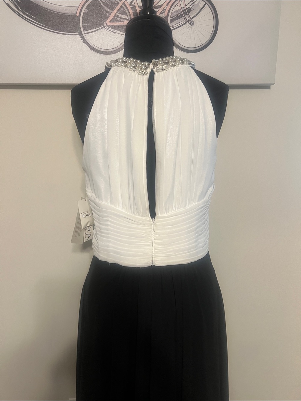 Eliza J Black and White High-Low Evening Dress with Beaded Halter - Picture 3 of 5
